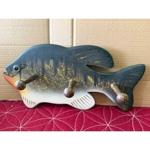 Vintage Wooden Fish Wall Hook Rack Hand Painted Bass Sunfish Cabin Decor 13.5"